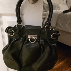 Salvatore Ferragamo Black Leather Ring-Accent Shoulder Bag